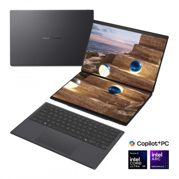 ASUS Zenbook Duo UX8407AA-SN066W 14 inch OLED Touchscreen 3K 144Hz Laptop, Intel Core Ultra 9 388H, 32GB LPDDR5X, 2TB SSD, Intel Arc Graphics, Windows 11 Home, Moher Gray