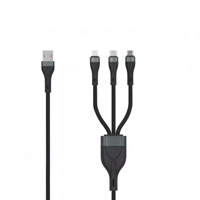 SEEK TOTI USB A do Micro USB / USB-C / Lightning 1.5m Pleciony Kabel 2A (Non-MFI) Czarny