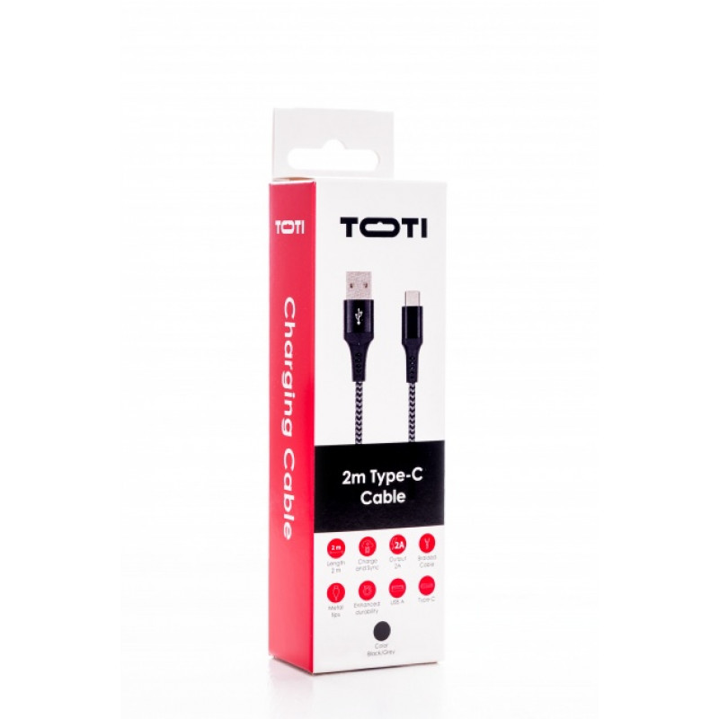 SEEK TOTI USB-A do USB-C 2m Pleciony Kabel 2A, Czarny/Space Grey