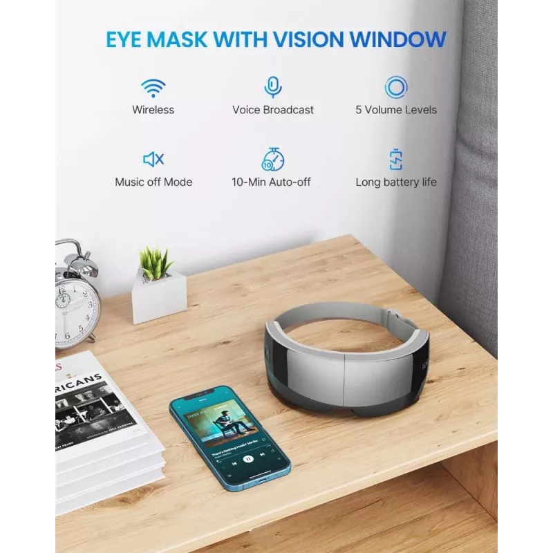 Masażer do oczu RENPHO Eyeris View z podgrzewaniem, kompresją powietrzną, wibracjami, Bluetooth, USB-C, składany, szary