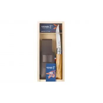 OPINEL No. 08 Oliwny Nóż Składany z Pochwą Skórzaną w Pudełku Prezentowym