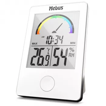 MEBUS 11130 Termo-Higrometr Biały - Cyfrowy Monitor Temperatury i Wilgotności z Wyświetlaczem LCD
