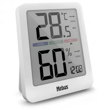 Mebus 40928 Termo-Higrometr Biały Monitor Temperatury i Wilgotności Wewnątrz i Na Zewnątrz z Wyświetlaczem LCD
