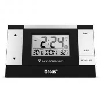 MEBUS 51059 Digital Alarm Clock - Black/Silver - LCD Display - 12/24h - Rechargeable Battery - Micro-USB