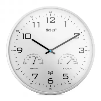 MEBUS 52841 Zegar ścienny sterowany radiowo, czarna ramka, biała tarcza, 30 cm