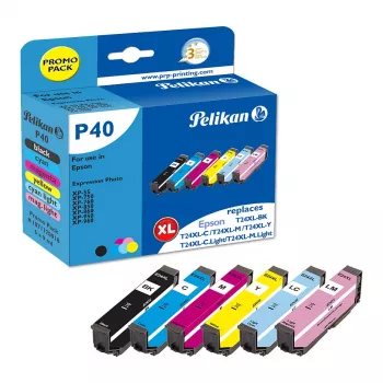 Pelikan P40 Kompatybilny Zestaw 6 wkładów atramentowych do Epson Expression Photo XP-55/XP-750/XP-760/XP-850/XP-950/XP-960 (Czarny, Cyan, Jasny Cyan, Jasny Magenta, Magenta, Żółty)
