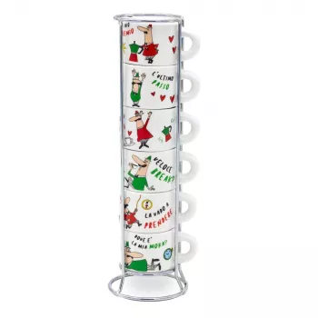 Bialetti Italia Zestaw filiżanek do espresso 6 sztuk 80 ml Biały z chromowanym metalowym stojakiem TAZZ202