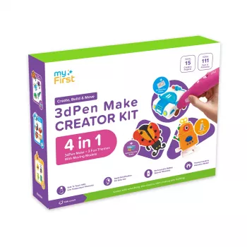 myFirst 3dPen Make Creator Kit - Zestaw do druku 3D z 3 zestawami szablonów tematycznych, 3 ruchomymi szablonami modeli i filamentami PCL (czerwony)