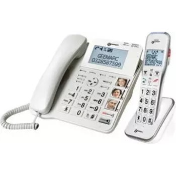Geemarc DECT595 COMBI Przewodowy Telefon dla Seniorów z Automatyczną Sekretarką, Głośnomówiący, Optyczna Sygnalizacja Połączeń, Kompatybilny z Aparatami Słuchowymi, w tym Nadajnik Alarmowy (DECT595_COMBI_WH_VDE)