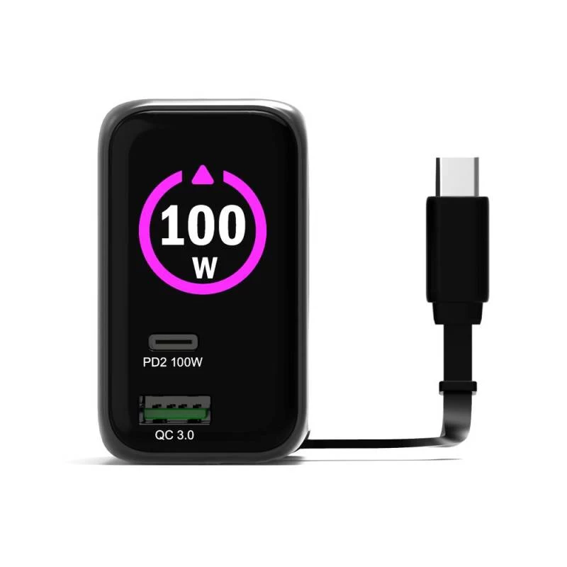 PORT Designs Wall Charger Type C PD 100W GaN OLED PD 3.0 Retractable Type C Cable - EU
