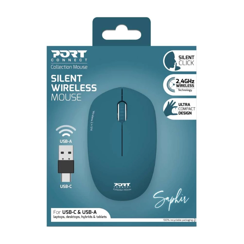 PORT Designs 900545 Ambidextrous Optical RF Wireless Mouse 1600 DPI Blue