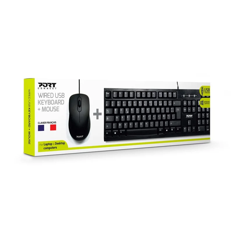 PORT Designs 900900 Pełnowymiarowy Przewodowy Zestaw Klawiatury i Myszki USB, Układ AZERTY, Czarny