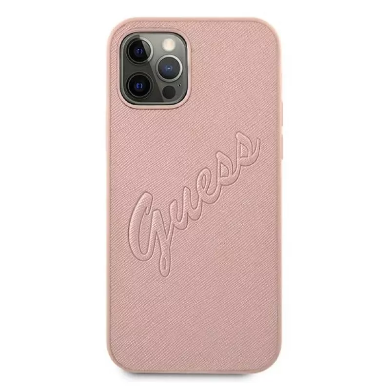 Guess GUHCP12LRSAVSRG Saffiano Vintage Script Hard Case do Apple iPhone 12 Pro Max, Różowy