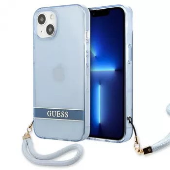 Guess GUHCP13SHTSGSB iPhone 13 mini 5,4 inch Niebieski przezroczysty twardy futerał z paskiem