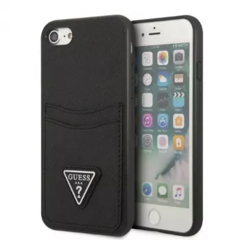 Guess GUHCI8PSATPK Hard Case do iPhone 7/8/SE 2020/SE 2022 - Czarny Saffiano z Logo Trójkąta i Kieszenią na Kartę