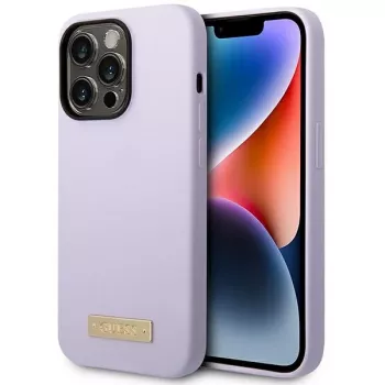 Guess GUHMP14LSBPLU Silikonowe twarde etui z płytką logo do Apple iPhone 14 Pro 6,1 inch - Fioletowe, kompatybilne z MagSafe