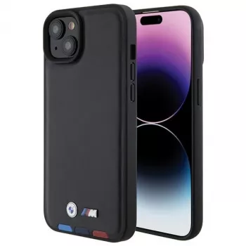 BMW M Collection Leather Stamp Back Cover do iPhone 15 Plus / 14 Plus 6,7 inch - Black Tricolor