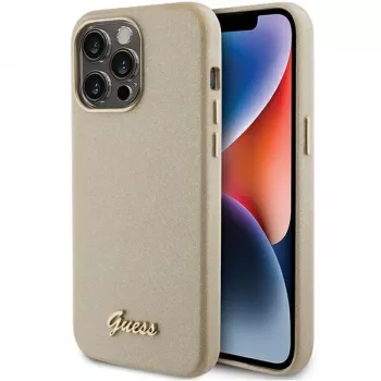 Guess Glitter Glossy Script Hard Case do iPhone 15 Pro 6,1 cala Light Gold