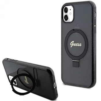Guess GUHMN61HRSGSK iPhone 11 / XR 6.1 Czarny Hardcase z Uchwytem na Palec i Błyszczącym Nadrukiem Script MagSafe
