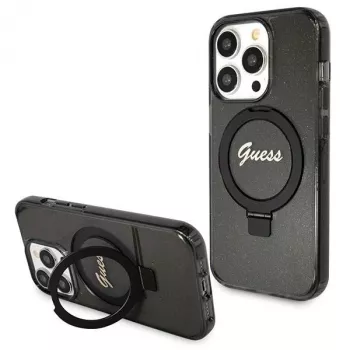 Guess GUHMP14LHRSGSK iPhone 14 Pro 6.1 Hardcase Ring Stand Script Glitter MagSafe Black