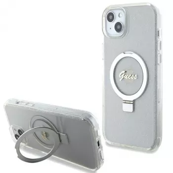 Guess GUHMP15MHRSGSD iPhone 15 Plus / 14 Plus 6,7 inch Transparent Hardcase Ring Stand Script Glitter MagSafe