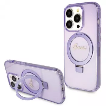 Guess GUHMP14XHRSGSU iPhone 14 Pro Max 6,7 inch Fioletowe etui twarde z pierścieniem i stojakiem Script Glitter MagSafe