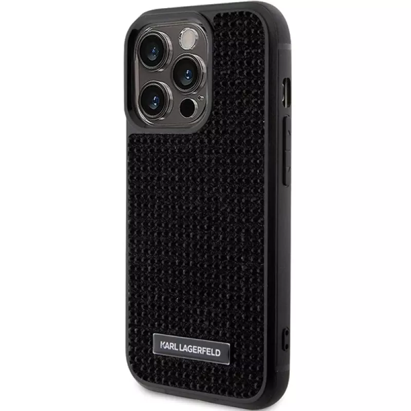 Karl Lagerfeld KLHCP15LHDSPLK Twarde etui do iPhone 15 Pro 6,1 inch Czarne z kryształkami logo i metalową płytką