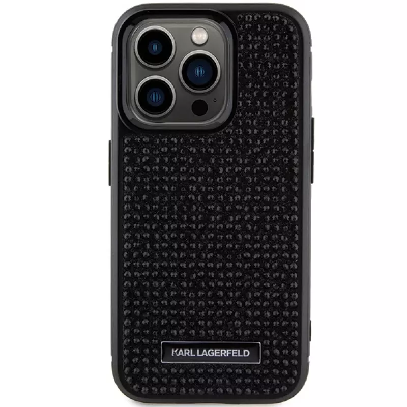 Karl Lagerfeld KLHCP15LHDSPLK Twarde etui do iPhone 15 Pro 6,1 inch Czarne z kryształkami logo i metalową płytką