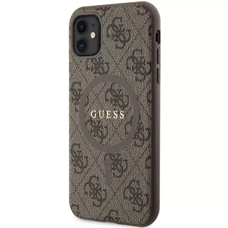 Guess GUHMN61G4GFRW Hardcase do Apple iPhone 11 / XR 6,1 inch Brązowa Skóra Metalowe Logo MagSafe Kolekcja 4G
