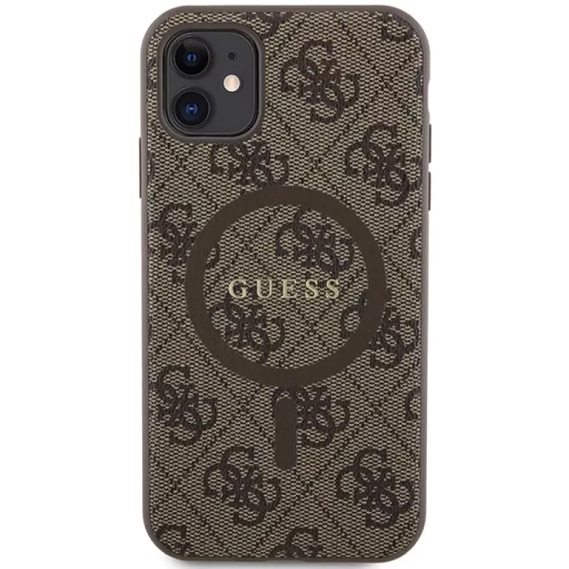 Guess GUHMN61G4GFRW Hardcase do Apple iPhone 11 / XR 6,1 inch Brązowa Skóra Metalowe Logo MagSafe Kolekcja 4G