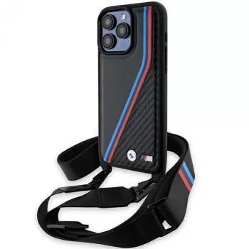 BMW M Edition Carbon Tricolor Lines Hard Case do Apple iPhone 15 Pro 6,1 inch Czarny z Paskiem