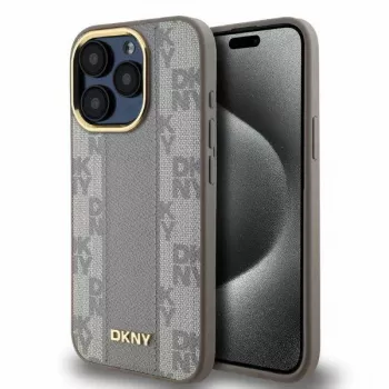 DKNY DKHMP15XPCPVSLE Etui twarde skórzane iPhone 15 Pro Max 6,7 inch Wzór szachownicy Mono MagSafe Beżowy
