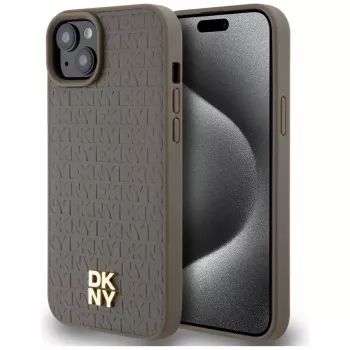 DKNY DKHMP15SPSHRPSW iPhone 15 / 14 / 13 6,1 inch Brązowy Etui Hardcase Wzór Skóry Logo Metal MagSafe