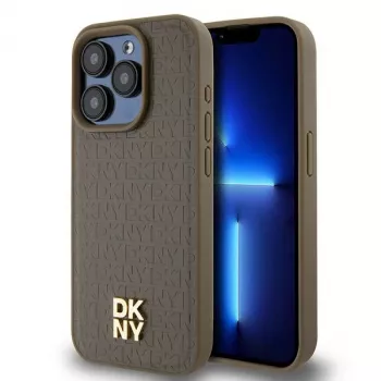 DKNY DKHMP15LPSHRPSW iPhone 15 Pro 6.1 Brązowe Etui Twarde Skórzane Wzór Monogram Metalowe Logo MagSafe