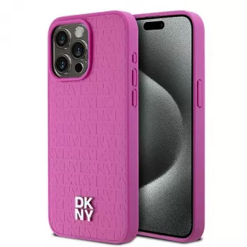 DKNY DKHMP15XPSHRPSP iPhone 15 Pro Max 6,7 inch Różowe etui twarde ze skóry, wzór monogram, metalowe logo, MagSafe