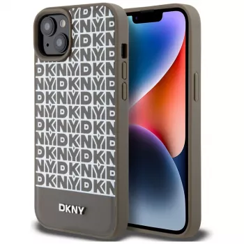 DKNY DKHMP15SPSOSPW iPhone 15 / 14 / 13 6,1 inch Brązowe Etui Sztywne Skórzane Wzór Drukowany Metalowe Logo MagSafe