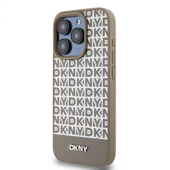 DKNY DKHMP15LPSOSPW iPhone 15 Pro 6,1 inch Hardcase Skórzany Drukowany Wzór Brązowy z Metalowym Logo MagSafe