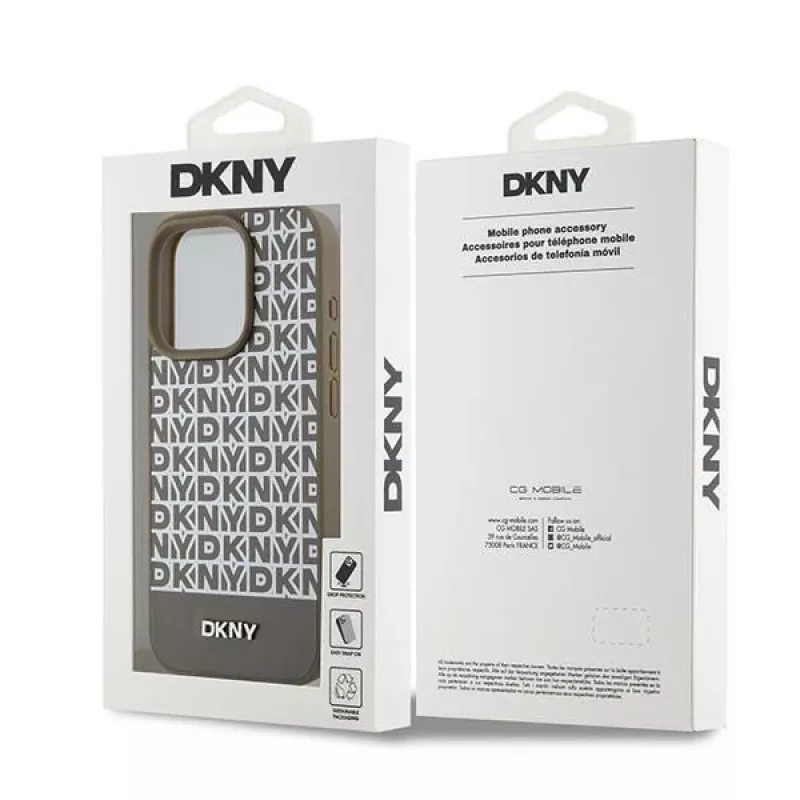 DKNY DKHMP15XPSOSPW Hardcase Skórzany Wzorzysty Metalowe Logo MagSafe do iPhone 15 Pro Max 6,7 inch Brązowy