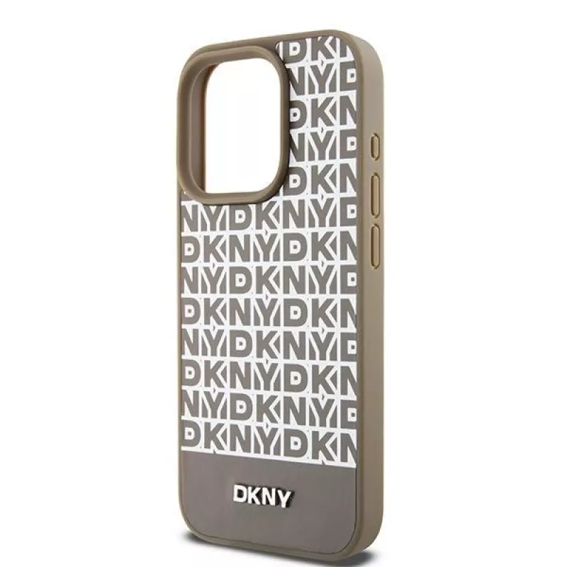 DKNY DKHMP15XPSOSPW Hardcase Skórzany Wzorzysty Metalowe Logo MagSafe do iPhone 15 Pro Max 6,7 inch Brązowy