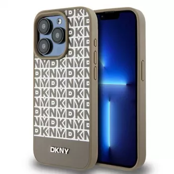 DKNY DKHMP15XPSOSPW Hardcase Skórzany Wzorzysty Metalowe Logo MagSafe do iPhone 15 Pro Max 6,7 inch Brązowy