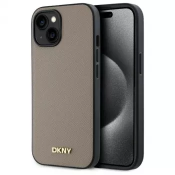 DKNY DKHMP15SPGHLME Hardcase do Apple iPhone 15 6,1 inch Beżowy Ziarnisty Metalowe Logo MagSafe