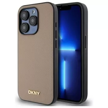 DKNY DKHMP15LPGHLME Hardcase do iPhone 15 Pro 6,1 inch Beżowy z metalowym logo o ziarnistej fakturze i MagSafe