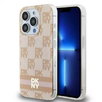 DKNY DKHMP13LHCPTSP Etui twarde do Apple iPhone 13 Pro / 13, różowy wzór w kratkę mono i nadrukowane paski, MagSafe