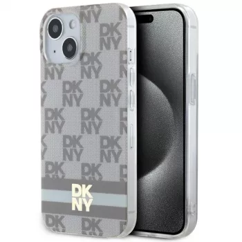 DKNY DKHMP14SHCPTSE Hard Case do iPhone 14/15/13 6,1 inch Beżowy wzór mono w kratkę i nadrukowane paski MagSafe