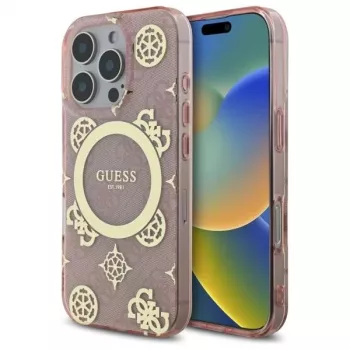 Guess GUHMP16LH4PYEEP iPhone 16 Pro 6,3 inch Różowe etui twarde IML Peony On 4G Background MagSafe