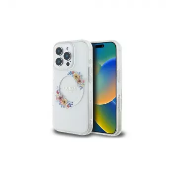 Guess GUHMP16LHFWFCT Hardcase do iPhone 16 Pro 6,3 inch przezroczysty IML Flowers Wreath MagSafe