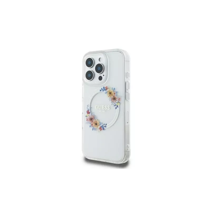 Guess GUHMP16LHFWFCT Hardcase do iPhone 16 Pro 6,3 inch przezroczysty IML Flowers Wreath MagSafe