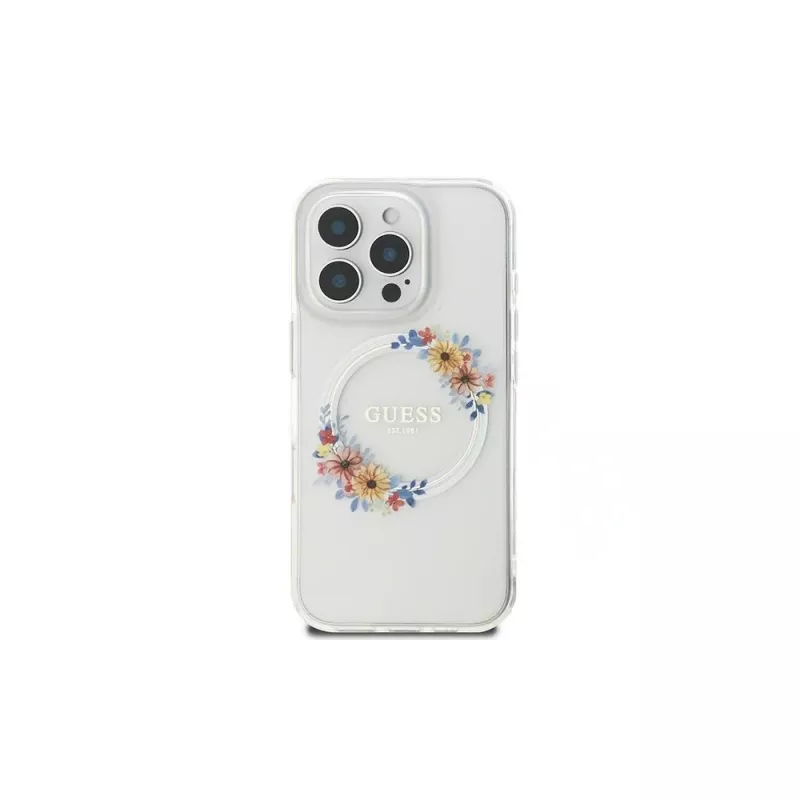 Guess GUHMP16LHFWFCT Hardcase do iPhone 16 Pro 6,3 inch przezroczysty IML Flowers Wreath MagSafe