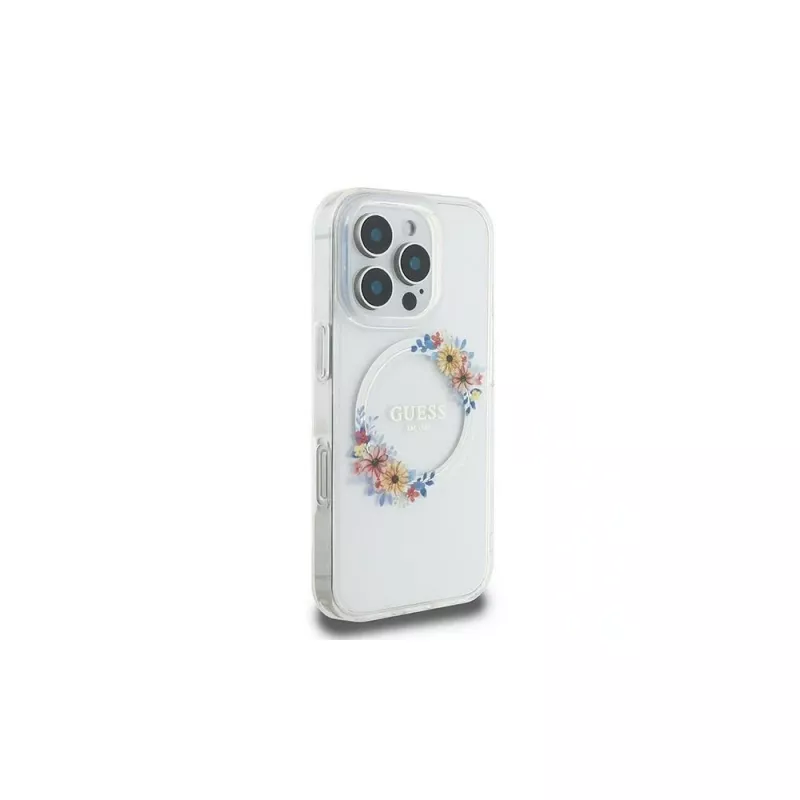 Guess GUHMP16LHFWFCT Hardcase do iPhone 16 Pro 6,3 inch przezroczysty IML Flowers Wreath MagSafe