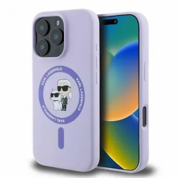 Karl Lagerfeld KLHMP16LSCMKCRHU Etui twarde silikonowe na iPhone 16 Pro 6,3 inch fioletowe z pierścieniem Karl & Choupette MagSafe